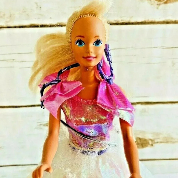 MATTEL BARBIE Blonde Hair Blue Eyes Pink White Gown Outfit 12" Tall - Picture 2 of 9